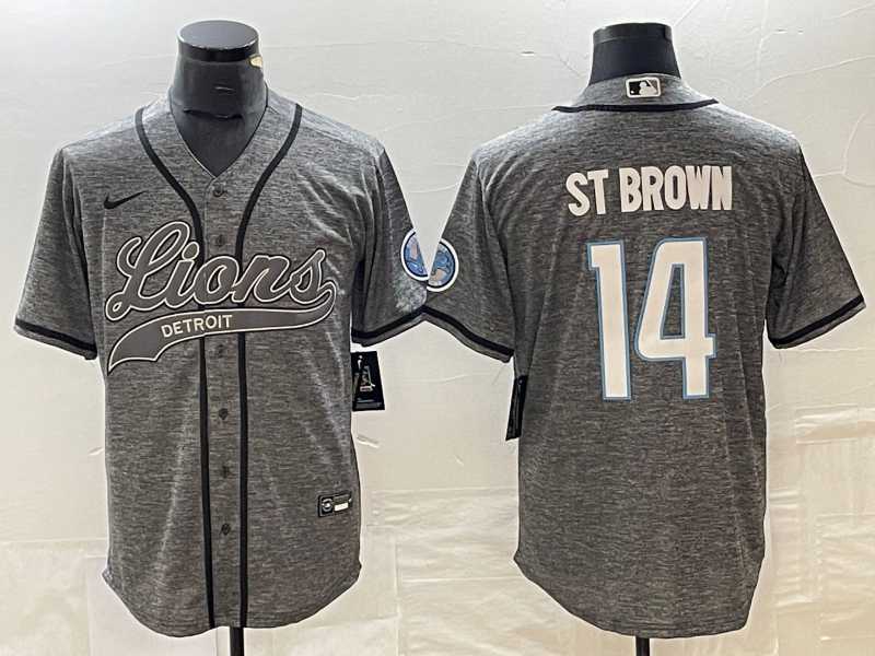 Mens Detroit Lions #14 Amon Ra St Brown Grey Gridiron With Patch Cool Base Baseball Limited Jersey